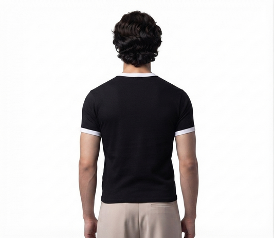 Men's cropped ringer tee in black, back view