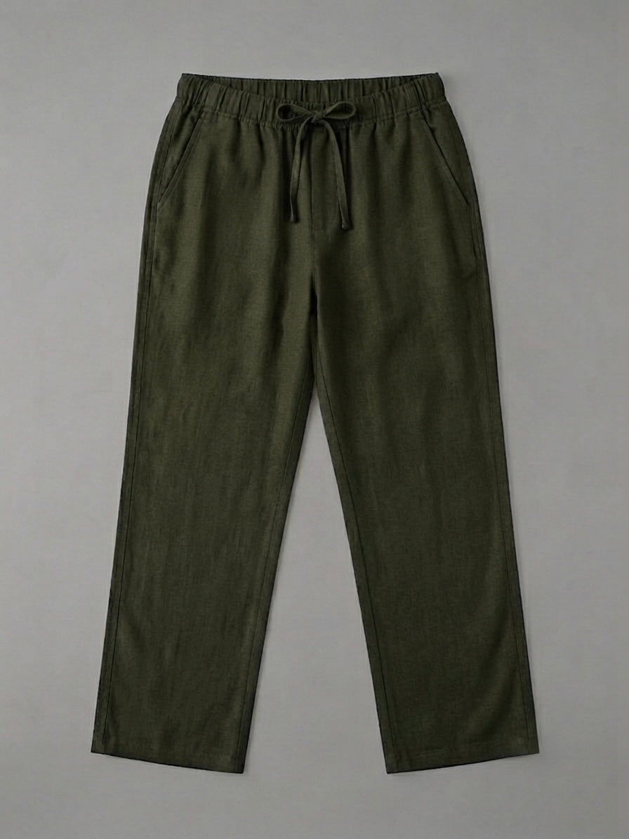 Men’s Straight Fit Linen Trousers - Green - Full View