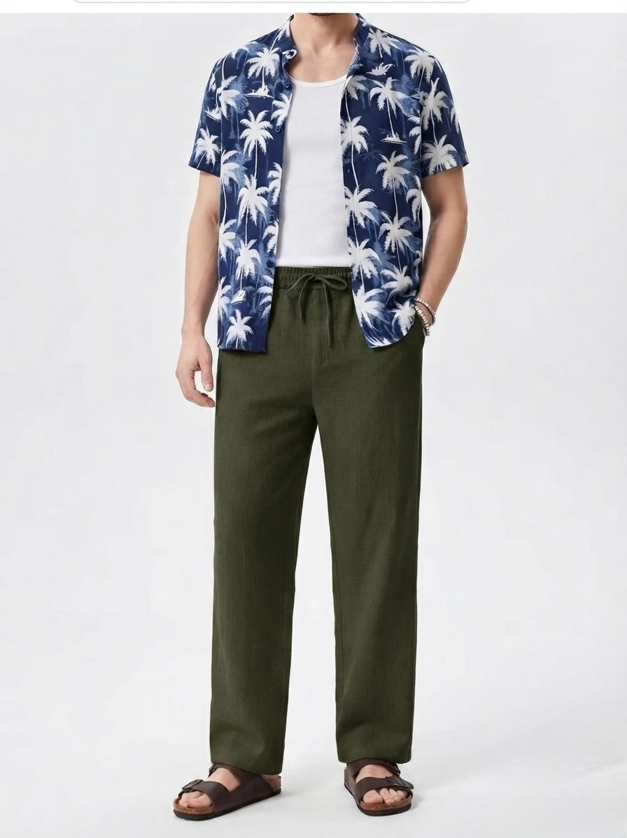 Men’s Straight Fit Linen Trousers - Green