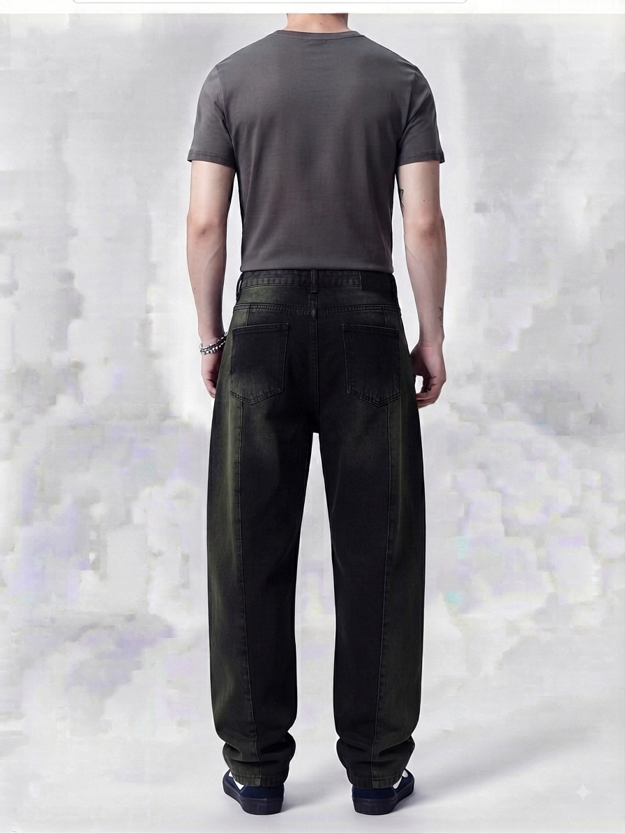 Men’s Barrel Fit Baggy Jeans - Olive Black - Detail