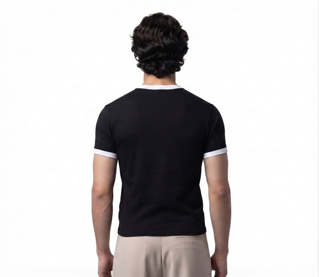 Men's cropped ringer tee in black, back view