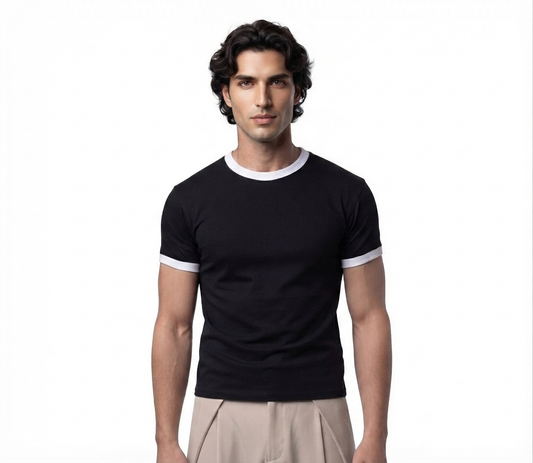 Men's cropped ringer tee in black, front view