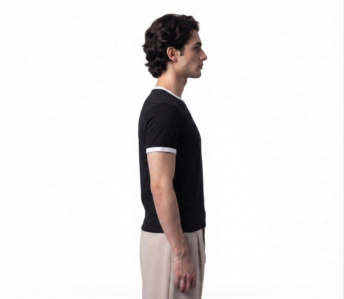Men's cropped ringer tee in black, side view