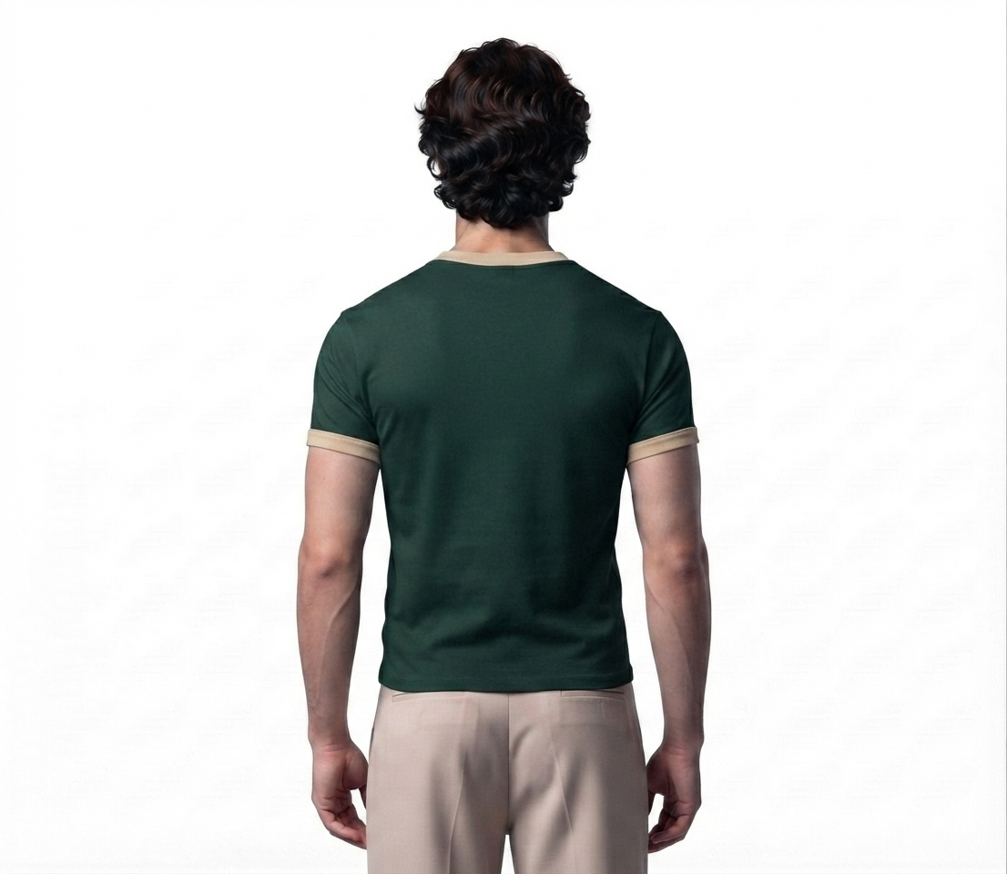 Men's cropped ringer tee in green, back view