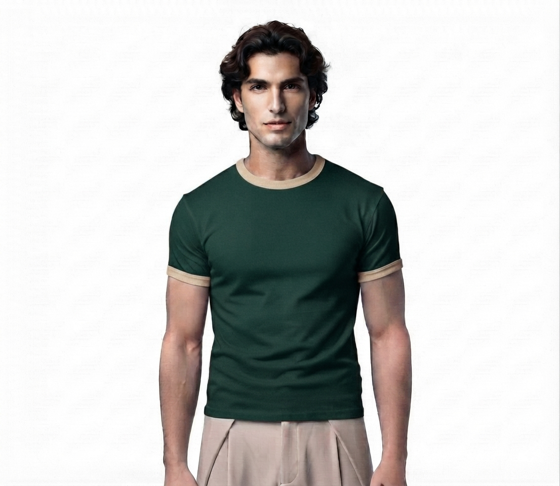 Men's cropped ringer tee in green, front view