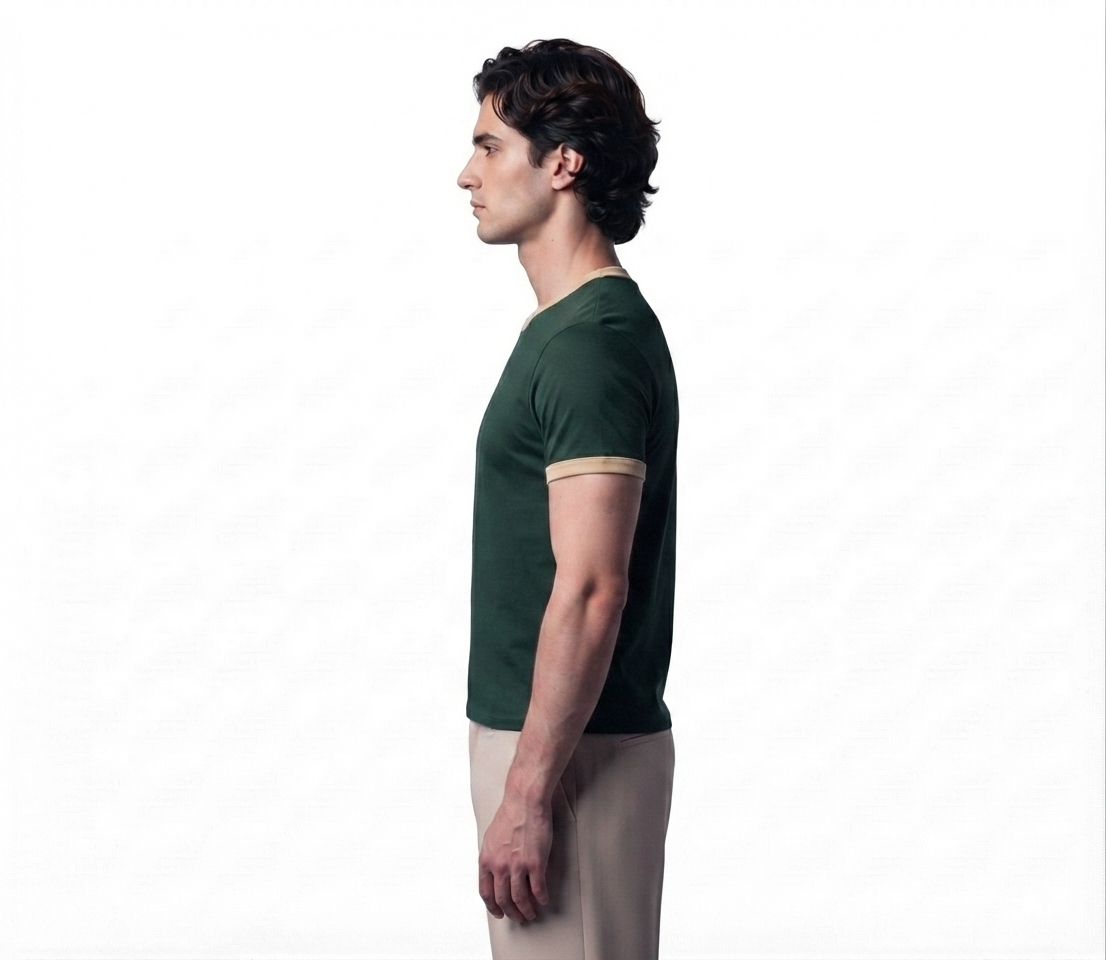 Men's cropped ringer tee in green, side view