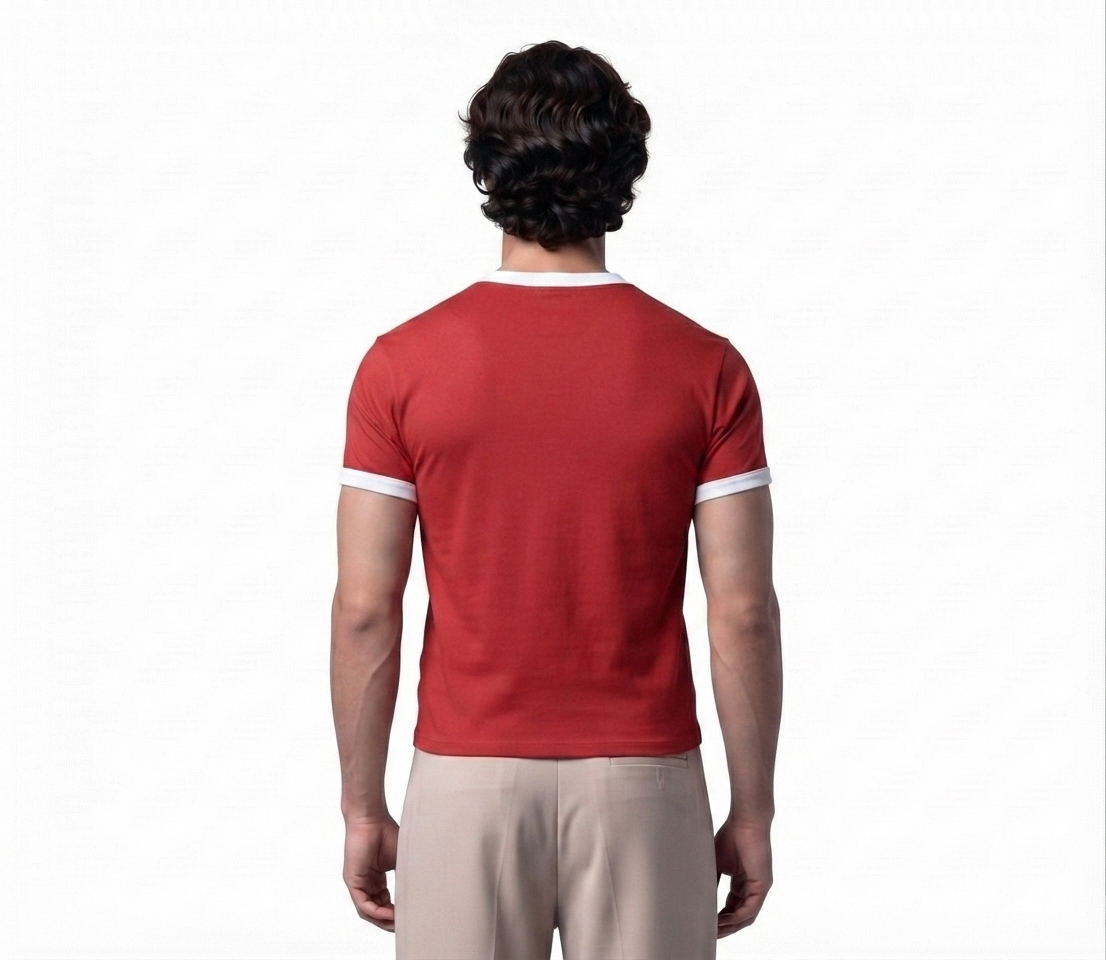 Men's cropped ringer tee in red, back view