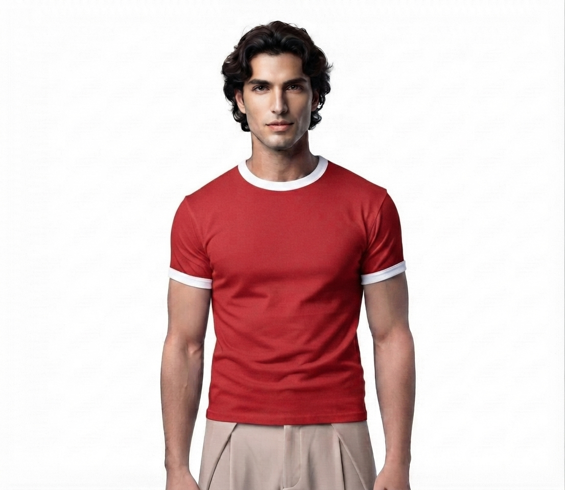 Men's cropped ringer tee in red, front view