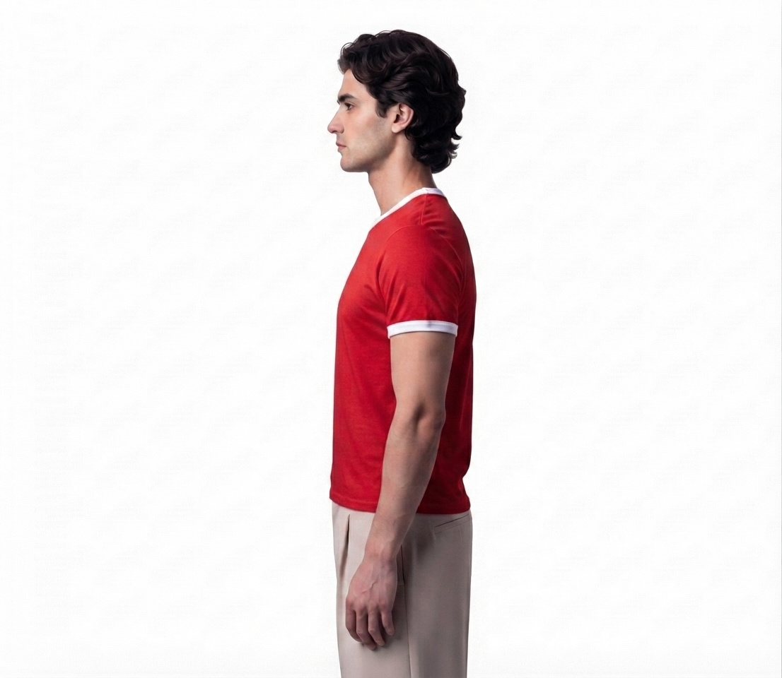 Men's cropped ringer tee in red, side view