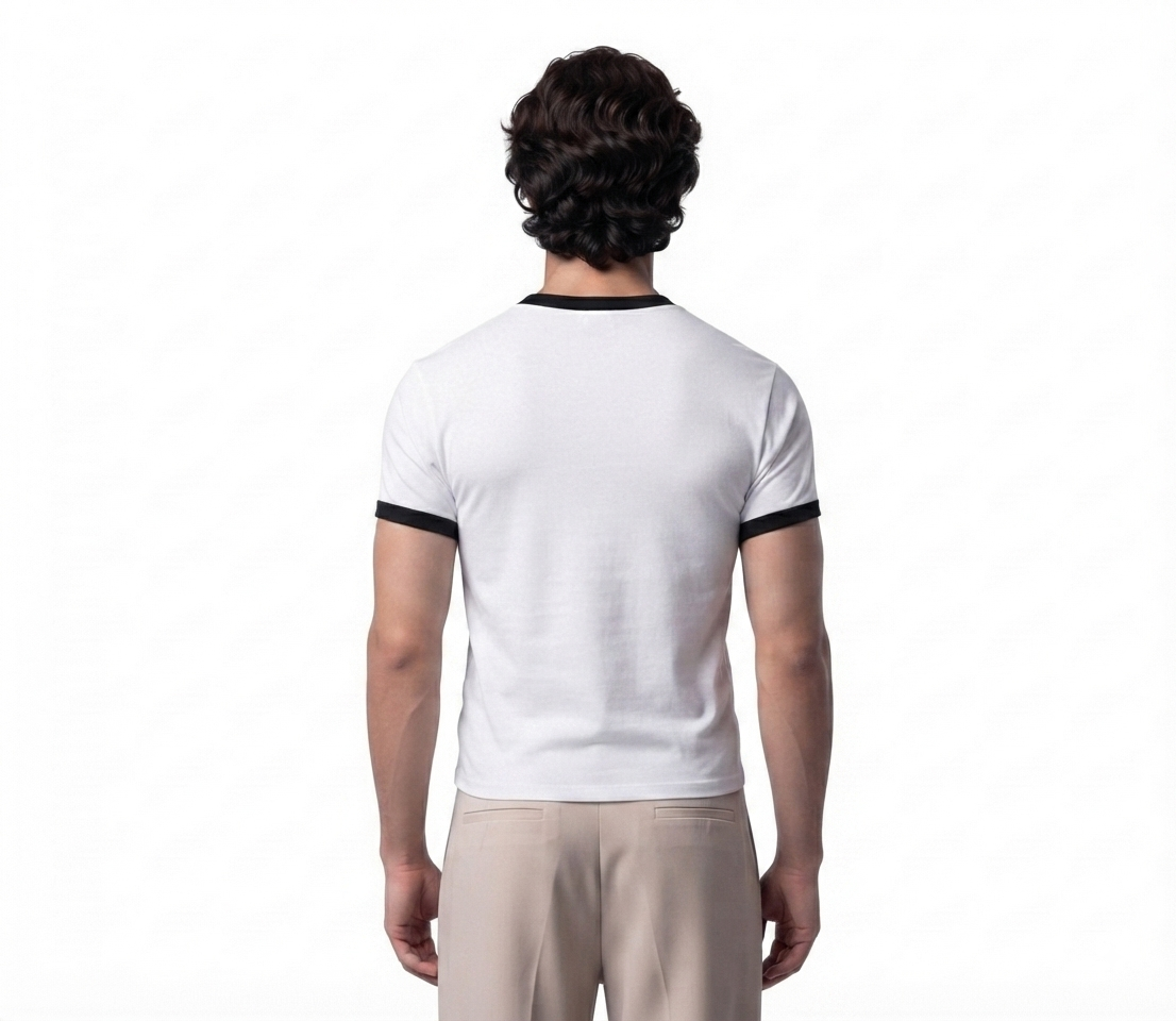 Men's cropped ringer tee in white, back view
