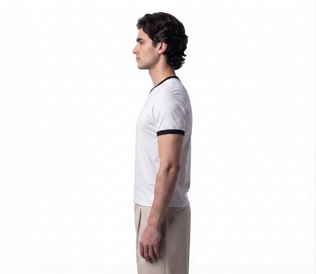 Men's cropped ringer tee in white, side view